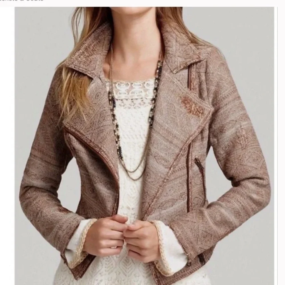 Free People Jacquard Tapestry Moto Blazer Jacket Brown/Cream Size 8 GUC